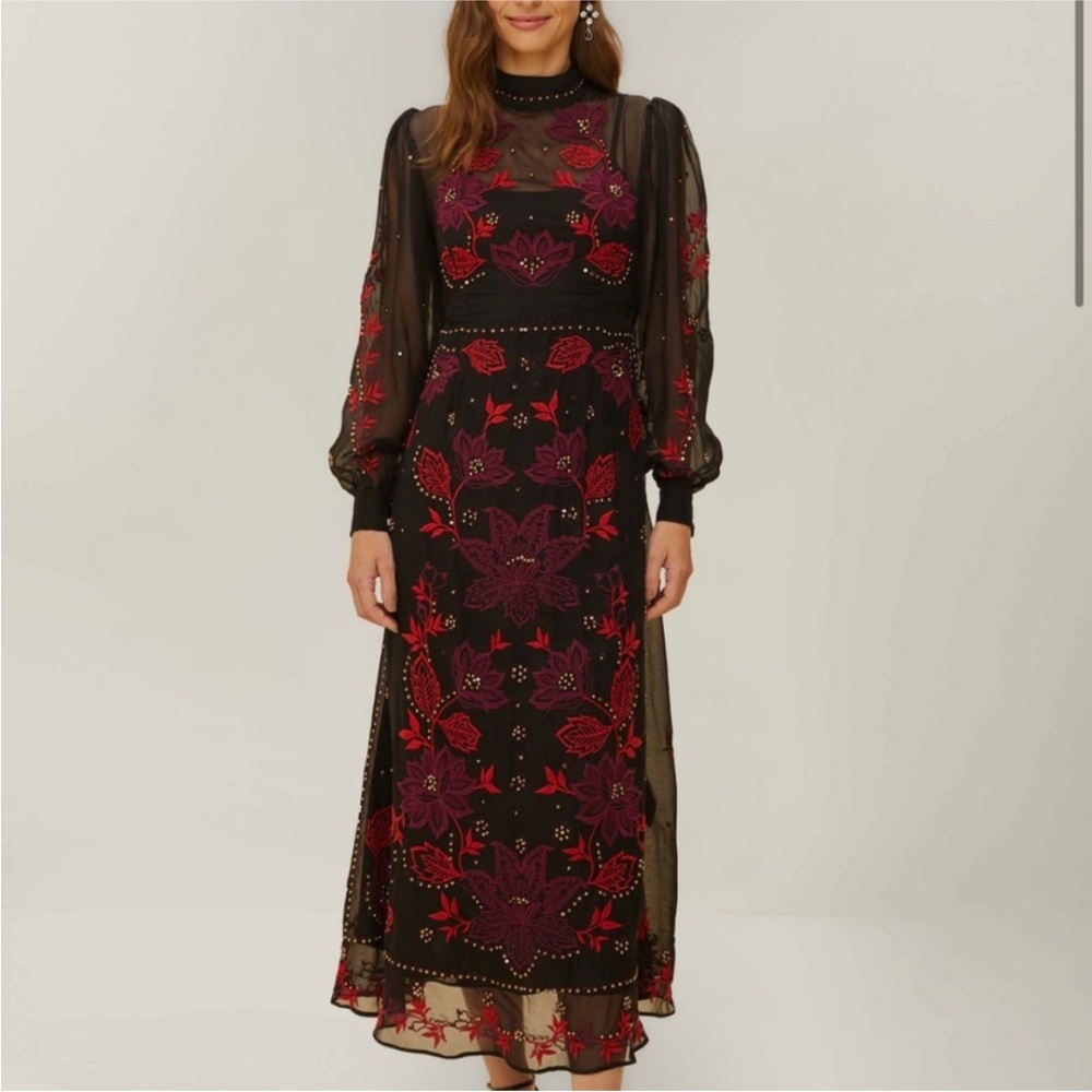 Farm Rio Black Organza Long Sleeve Midi Dress